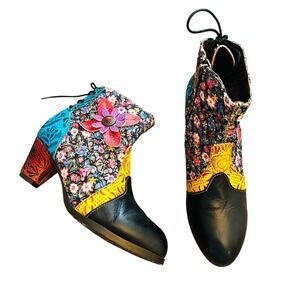 SOCOFY Women's Leather Splicing Floral Pattern‎ Boho Ankle Boots  Heel Size 9